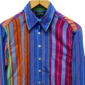 Lauren Ralph Lauren Womens 6 Silk Button Down Shirt Multi Color Stripe Blouse
